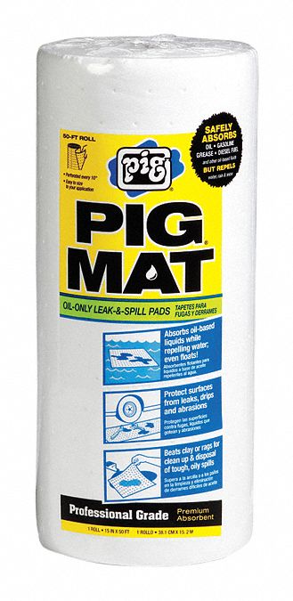 New Pig 50 ft Absorbent Roll, Fluids Absorbed: Oil-Based Liquids, Light, 3.3 gal, 1 EA - 26201