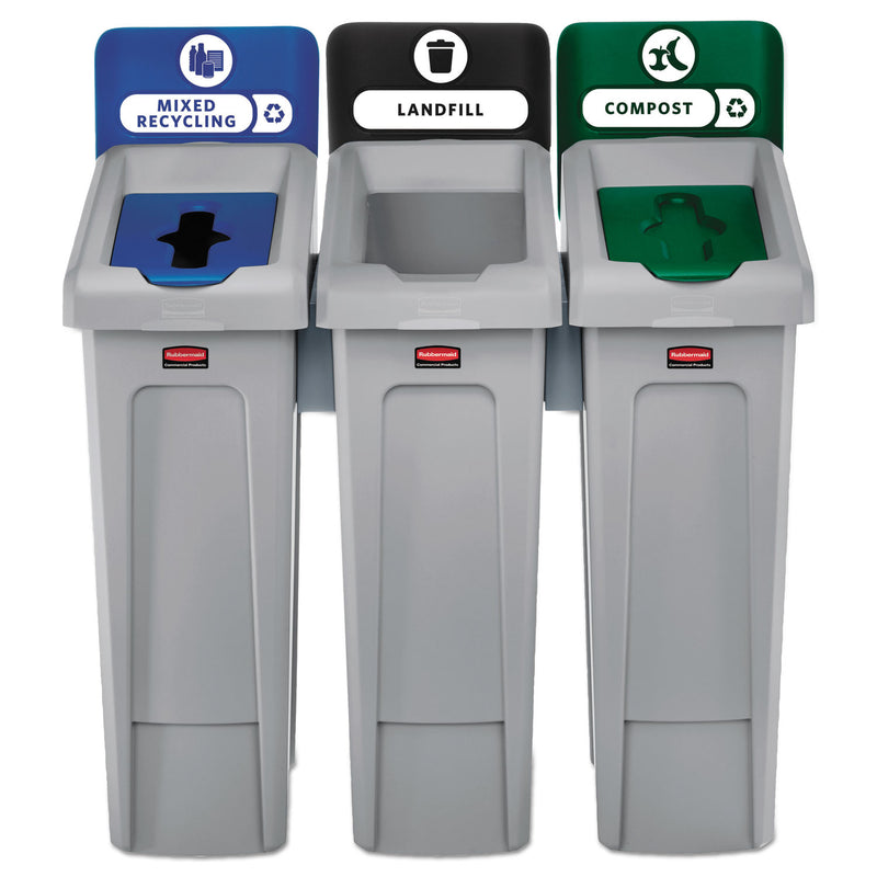 Rubbermaid Slim Jim Recycling Station Kit, 69 Gal, 3-Stream Landfill/Mixed Recycling - RCP2007918