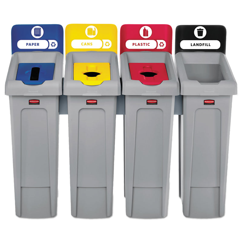 Rubbermaid Slim Jim Recycling Station Kit, 92 Gal, 4-Stream Landfill/Paper/Plastic/Cans - RCP2007919