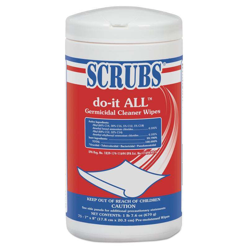 Scrubs Do-It All Germicidal Cleaner Wipes, Lemon, 7" X 8", White, 75/Container, 6/Ct - ITW98075