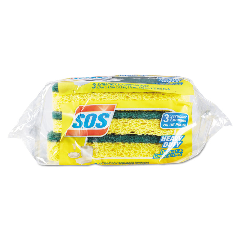 S.O.S Heavy Duty Scrubber Sponge, 2.5 X 4.5, 0.9" Thick, Yellow/Green, 3/Pk, 24 Pk/Ct - CLO91029CT