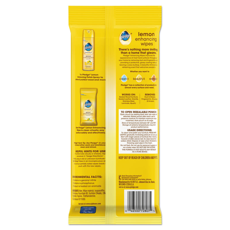 Pledge Lemon Scent Wet Wipes, Cloth, 7 X 10, White, 24/Pack, 12 Packs/Carton - SJN319250