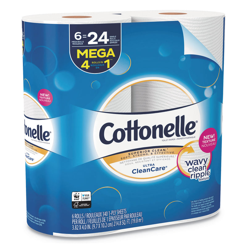 Cottonelle Ultra Cleancare Toilet Paper, Strong Tissue, Mega Rolls, Septic Safe, 1-Ply, White, 340 Sheets/Roll, 6 Rolls/Pack, 6 Packs/Ct - KCC47747