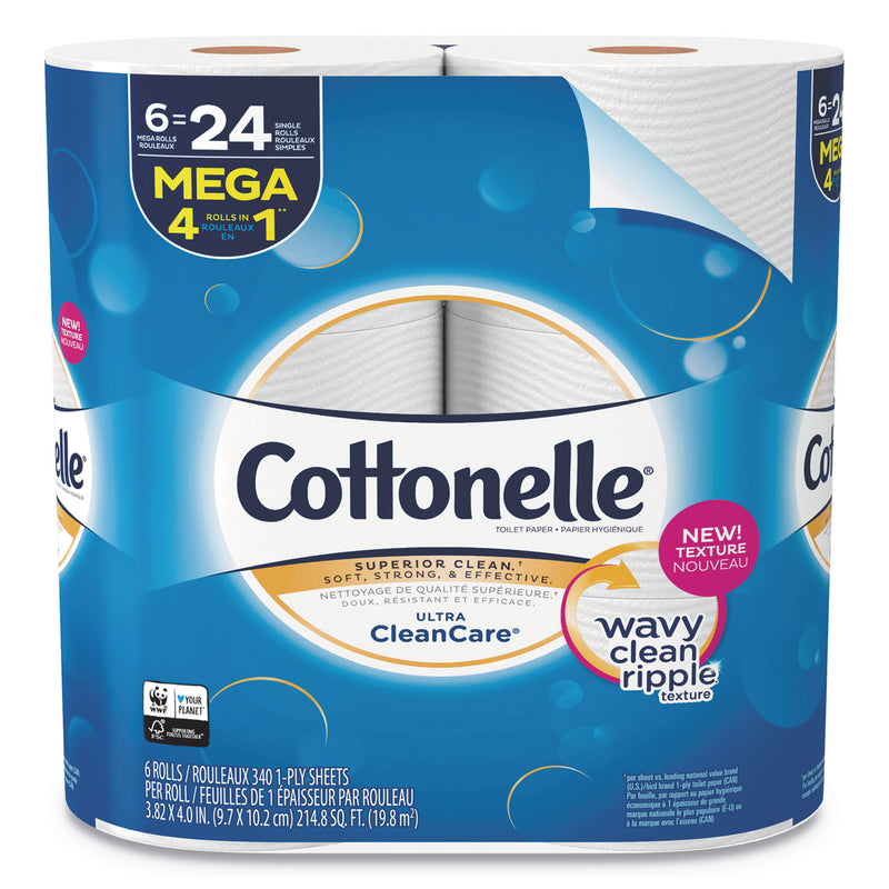 Cottonelle Ultra Cleancare Toilet Paper, Strong Tissue, Mega Rolls, Septic Safe, 1-Ply, White, 340 Sheets/Roll, 6 Rolls/Pack, 6 Packs/Ct - KCC47747