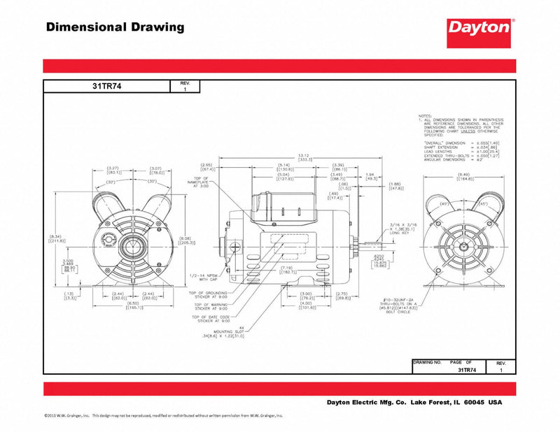 Dayton 3/4 HP, General Purpose Motor, Capacitor-Start/Run, 1725 Nameplate RPM, 115/208-230 Voltage - 31TR74