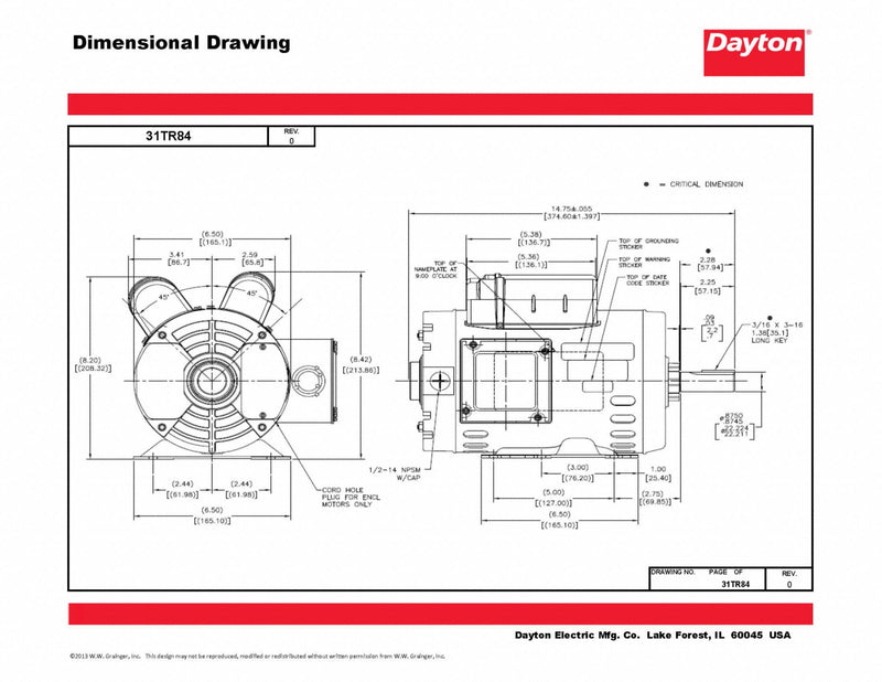 Dayton 2 HP, General Purpose Motor, Capacitor-Start/Run, 1725 Nameplate RPM, 115/208-230 Voltage - 31TR84