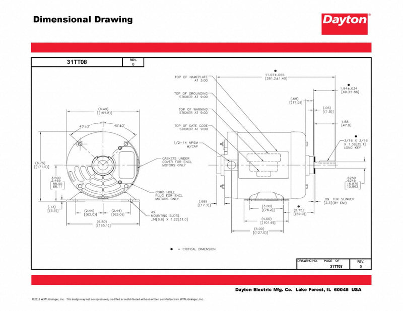 Dayton 1/2 HP, General Purpose Motor, 3-Phase, 1725 Nameplate RPM, 230/460 Voltage, 56 Frame - 31TT08