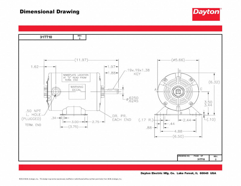 Dayton 1/3 HP, General Purpose Motor, 3-Phase, 1140 Nameplate RPM, 230/460 Voltage, 56 Frame - 31TT10