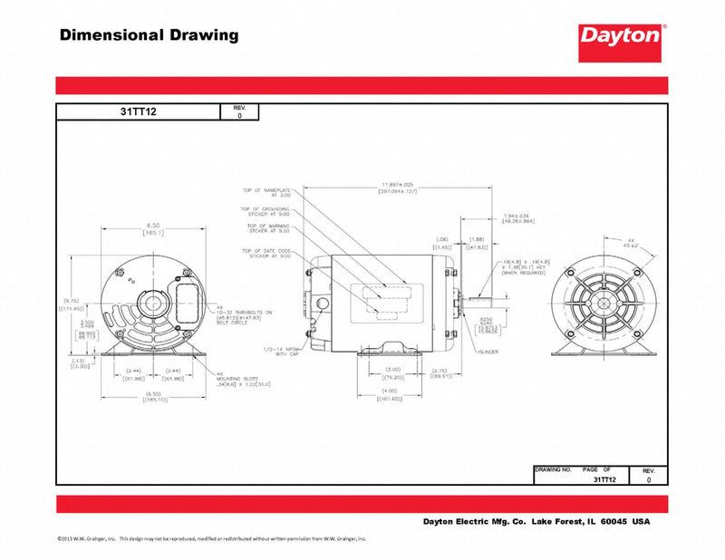 Dayton 1 HP, General Purpose Motor, 3-Phase, 1725 Nameplate RPM, 230/460 Voltage, 56 Frame - 31TT12