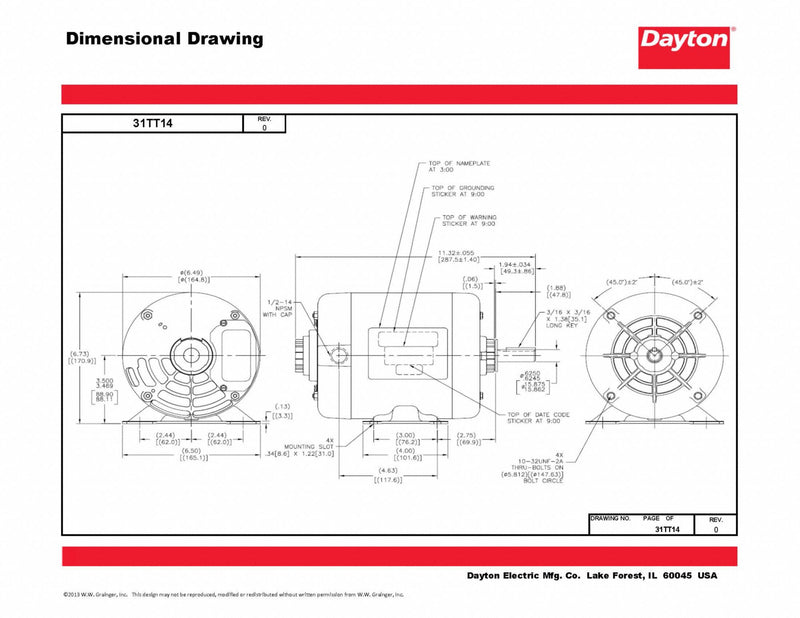 Dayton 3/4 HP, General Purpose Motor, 3-Phase, 1725 Nameplate RPM, 208-230/460 Voltage, 56 Frame - 31TT14