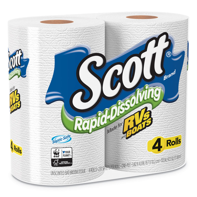 Scott Rapid-Dissolving Toilet Paper, Bath Tissue, Septic Safe, 1-Ply, White, 231 Sheets/Roll, 4/Rolls/Pack, 12 Packs/Carton - KCC47617