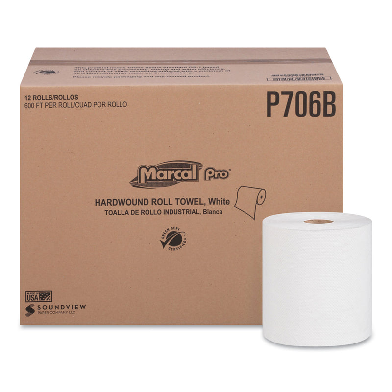 Marcal Paper Hardwound Roll Paper Towels, 1-Ply, 7 7/8" X 600Ft, 12 Rolls/Carton - MRCP706B