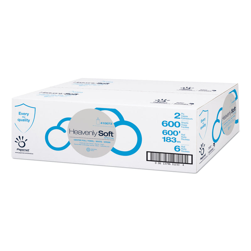 Papernet Heavenly Soft Center-Pull Towel, 2-Ply, 7.6" X 12", White, 600 Sheets/Roll, 6 Rolls/Carton - SOD410073
