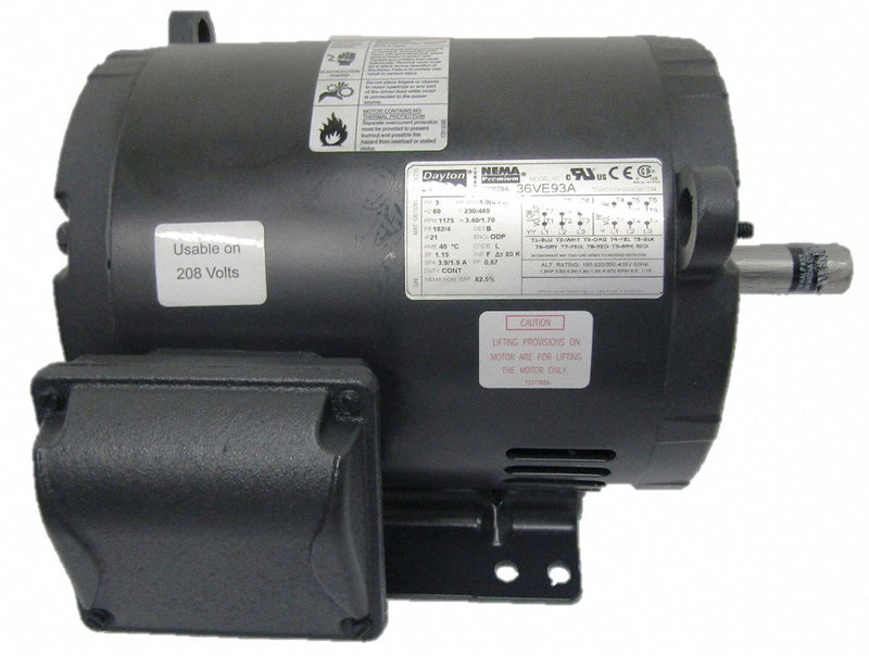 Dayton 1 HP, General Purpose Motor, 3-Phase, 1170 Nameplate RPM, 230/460 Voltage, 182/4 Frame - 36VE93