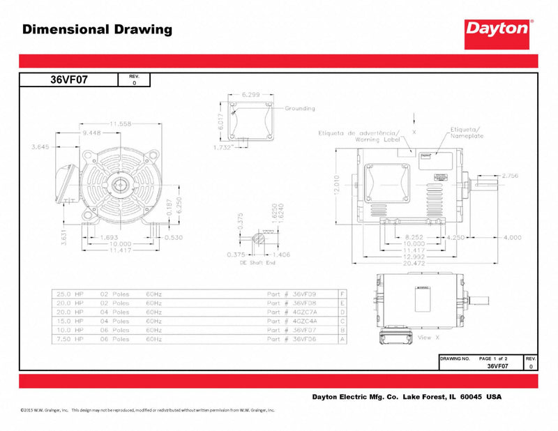 Dayton 10 HP, General Purpose Motor, 3-Phase, 1180 Nameplate RPM, 230/460 Voltage, 254/6T Frame - 36VF07