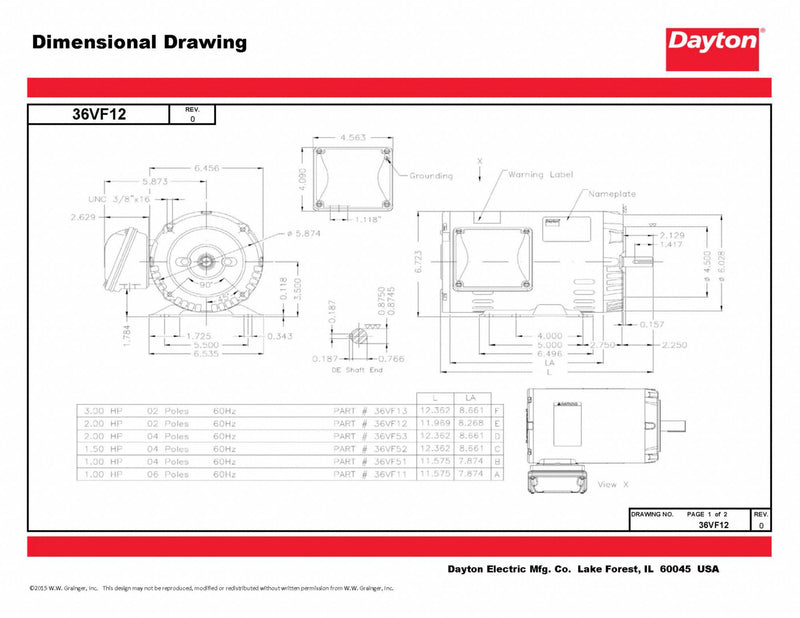 Dayton 2 HP, General Purpose Motor, 3-Phase, 3450 Nameplate RPM, 230/460 Voltage, 143/5TC Frame - 36VF12