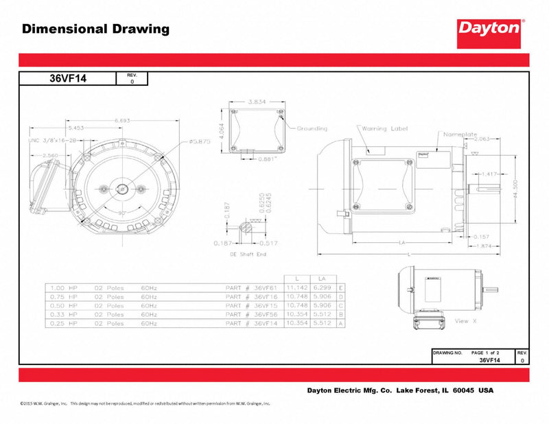 Dayton 1/4 HP, General Purpose Motor, 3-Phase, 3460 Nameplate RPM, 230/460 Voltage, 56C Frame - 36VF14
