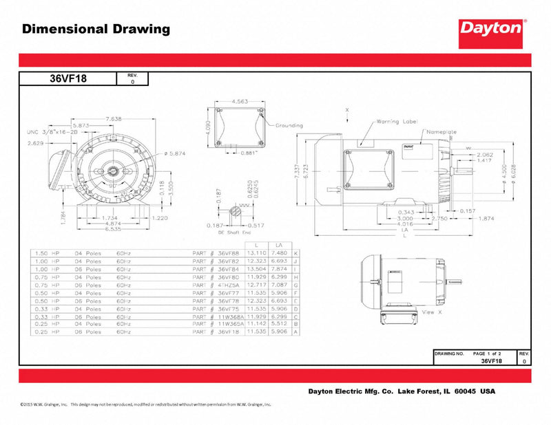 Dayton 1/4 HP, General Purpose Motor, 3-Phase, 1160 Nameplate RPM, 230/460 Voltage, 56C Frame - 36VF18