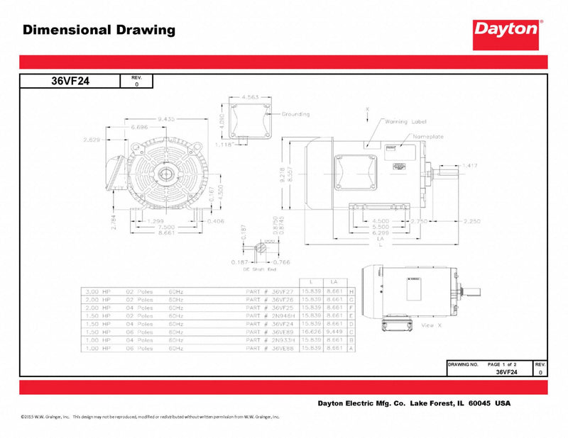 Dayton 1 1/2 HP, General Purpose Motor, 3-Phase, 1765 Nameplate RPM, 208-230/460 Voltage, 182/4 Frame - 36VF24
