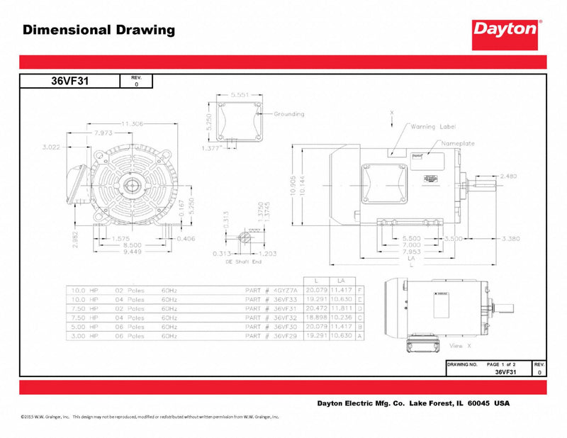 Dayton 7 1/2 HP, General Purpose Motor, 3-Phase, 3540 Nameplate RPM, 208-230/460 Voltage, 213/5T Frame - 36VF31