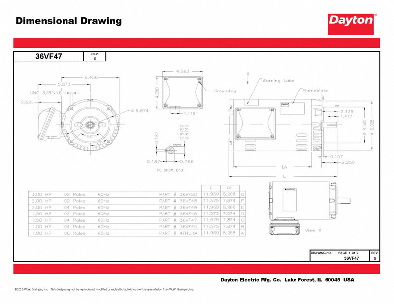 Dayton 1 1/2 HP, General Purpose Motor, 3-Phase, 1755 Nameplate RPM, 230/460 Voltage, 143/5TC Frame - 36VF47