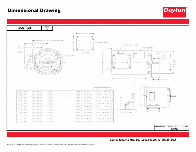 Dayton 3/4 HP, General Purpose Motor, 3-Phase, 1755 Nameplate RPM, 230/460 Voltage, 56C Frame - 36VF60