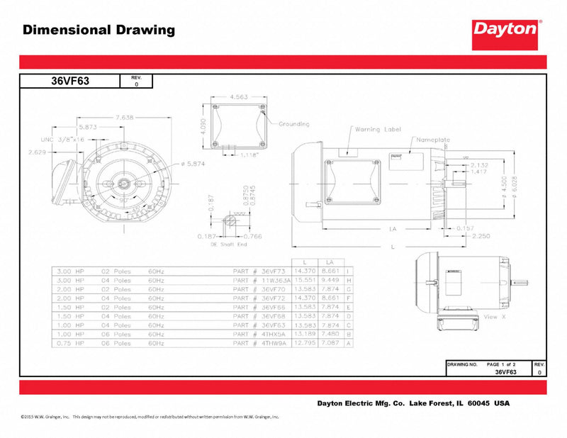 Dayton 1 HP, General Purpose Motor, 3-Phase, 1760 Nameplate RPM, 230/460 Voltage, 143/5TC Frame - 36VF63