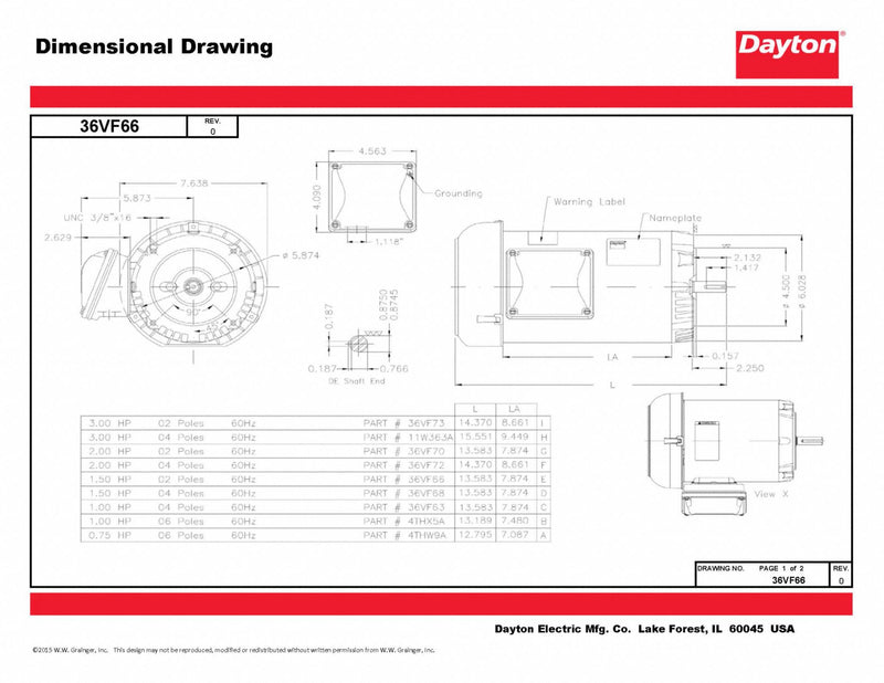 Dayton 1 1/2 HP, General Purpose Motor, 3-Phase, 3480 Nameplate RPM, 230/460 Voltage, 143/5TC Frame - 36VF66