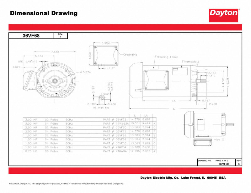 Dayton 1 1/2 HP, General Purpose Motor, 3-Phase, 1760 Nameplate RPM, 230/460 Voltage, 143/5TC Frame - 36VF68
