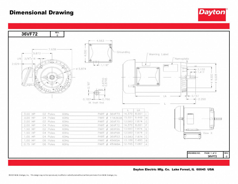 Dayton 2 HP, General Purpose Motor, 3-Phase, 1755 Nameplate RPM, 230/460 Voltage, 143/5TC Frame - 36VF72