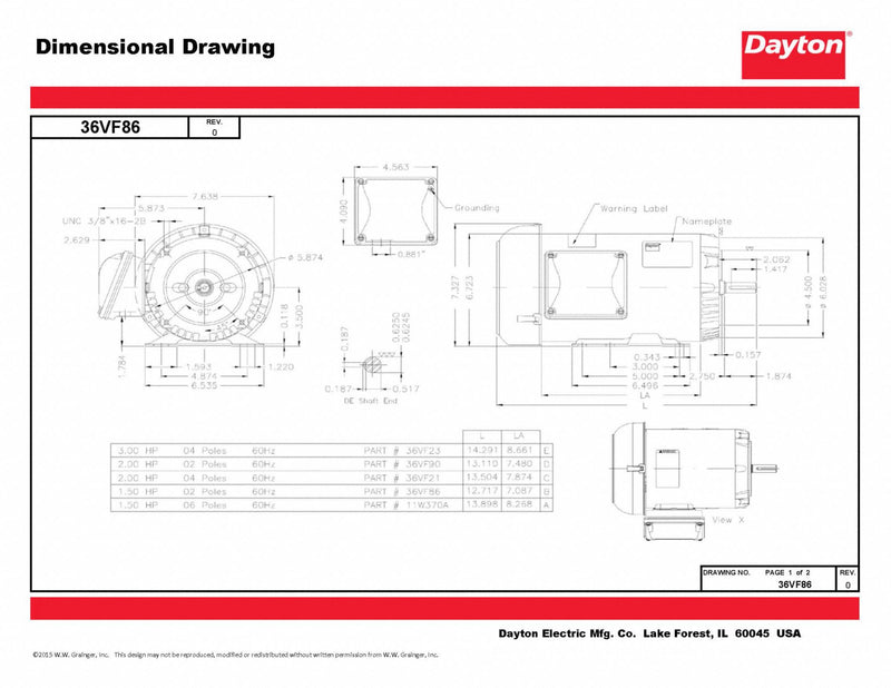 Dayton 1 1/2 HP, General Purpose Motor, 3-Phase, 3470 Nameplate RPM, 230/460 Voltage, 56C Frame - 36VF86