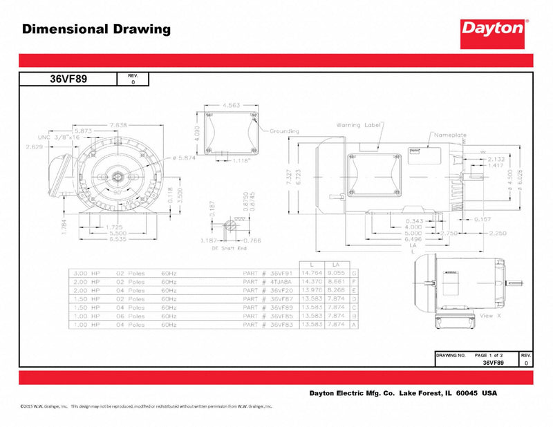 Dayton 1 1/2 HP, General Purpose Motor, 3-Phase, 1750 Nameplate RPM, 230/460 Voltage, 143/5TC Frame - 36VF89