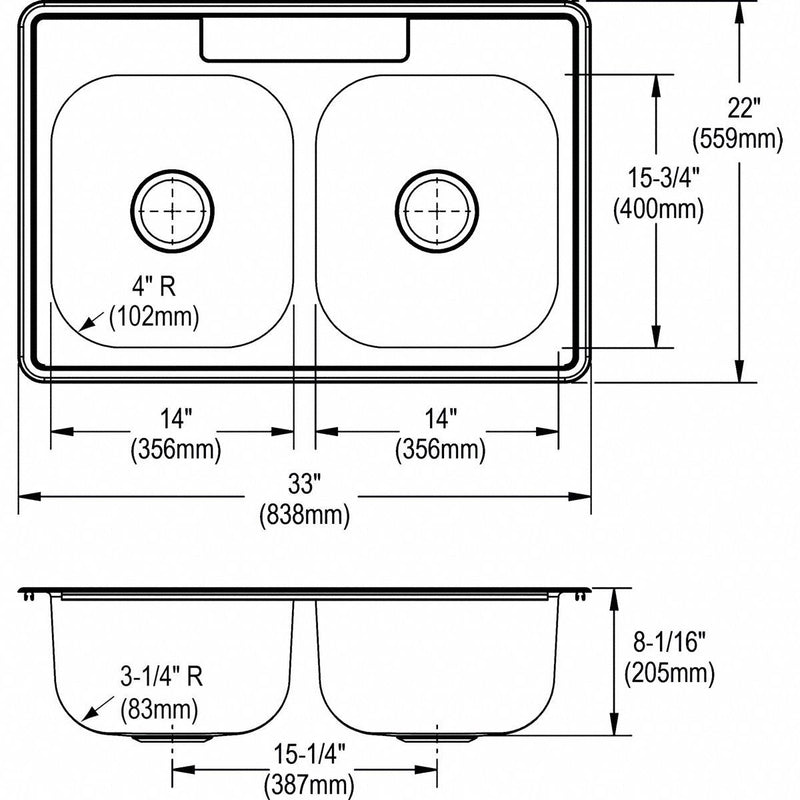 Elkay 33 in x 22 in x 8 1/16 in Drop-In Sink with Faucet Ledge with 14 in x 15-3/4 in Bowl Size - DSE233224