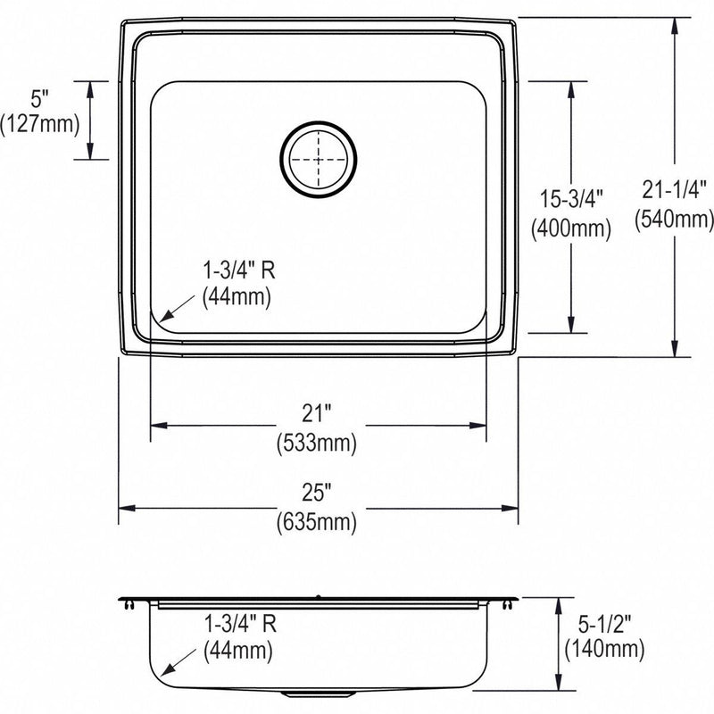Elkay 25 in x 21 1/4 in x 5 1/2 in Drop-In Sink with Faucet Ledge with 21 in x 15-3/4 in Bowl Size - LRAD2521554