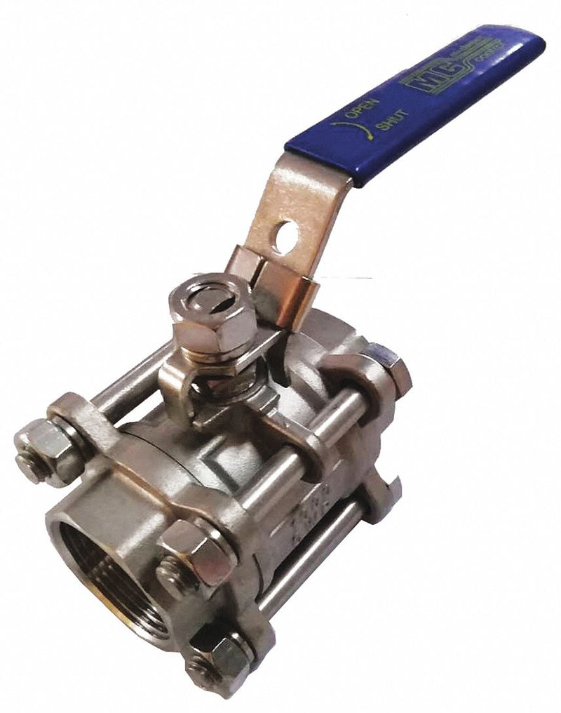 Top Brand Ball Valve, 316 Stainless Steel, Inline, 3-Piece, Pipe Size 1/2 in, Connection Type FNPT x FNPT - G-S3P1K-50