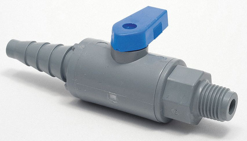 Top Brand Ball Valve, PVC, Inline, 1-Piece, Pipe Size 1/4 in, Connection Type MNPT x Barb - PVC 638-TB4M-F