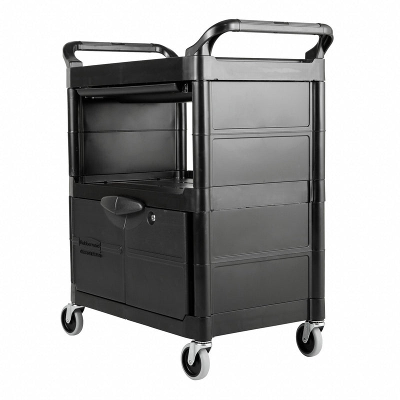 Rubbermaid Enclosed Service Cart, 200 lb. Load Capacity, HDPE, Black, Thermoplastic Rubber Caster Material - FG345700BLA