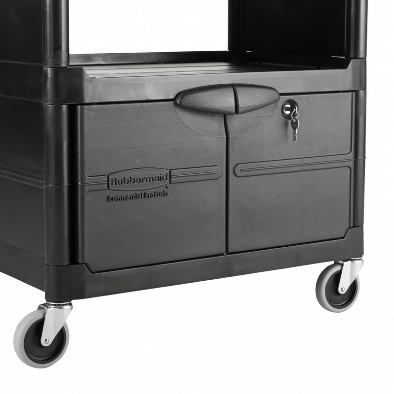 Rubbermaid Enclosed Service Cart, 200 lb. Load Capacity, HDPE, Black, Thermoplastic Rubber Caster Material - FG345700BLA