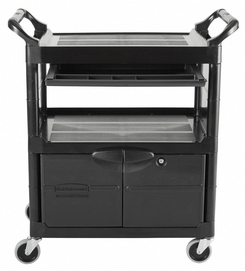 Rubbermaid Enclosed Service Cart, 200 lb. Load Capacity, HDPE, Black, Thermoplastic Rubber Caster Material - FG345700BLA