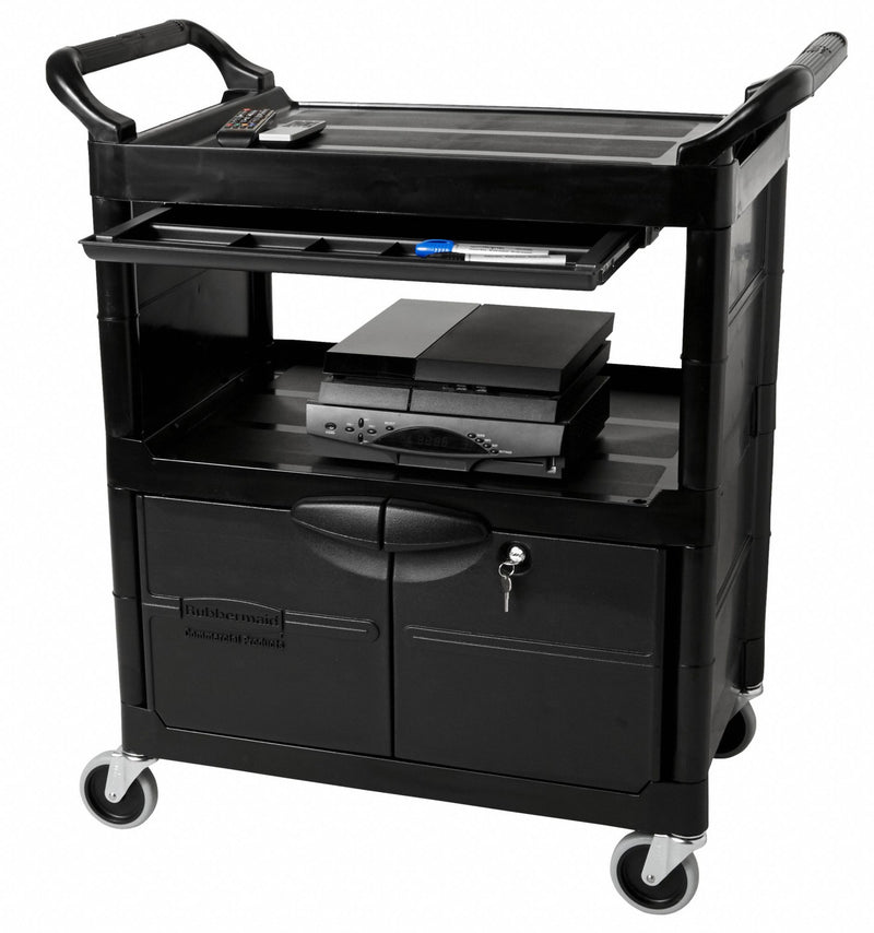 Rubbermaid Enclosed Service Cart, 200 lb. Load Capacity, HDPE, Black, Thermoplastic Rubber Caster Material - FG345700BLA