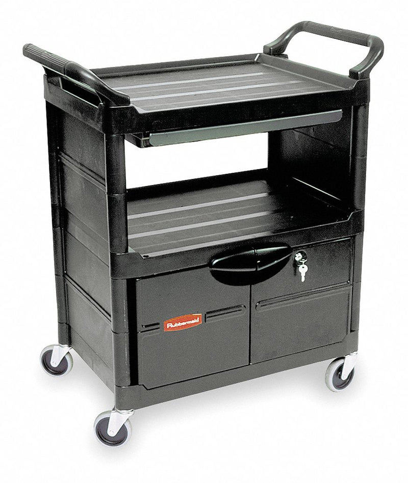Rubbermaid Enclosed Service Cart, 200 lb. Load Capacity, HDPE, Black, Thermoplastic Rubber Caster Material - FG345700BLA