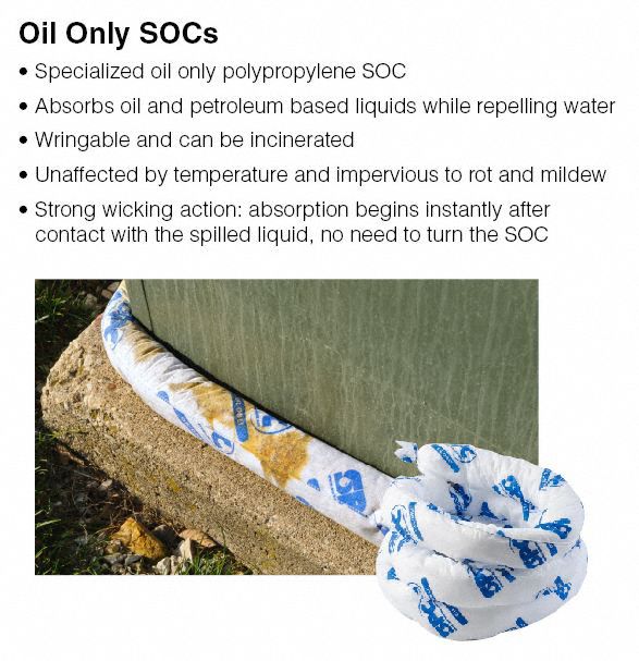 Brady Absorbent Sock, Oil-Based Liquids, 12 gal, 12 ft - OIL124