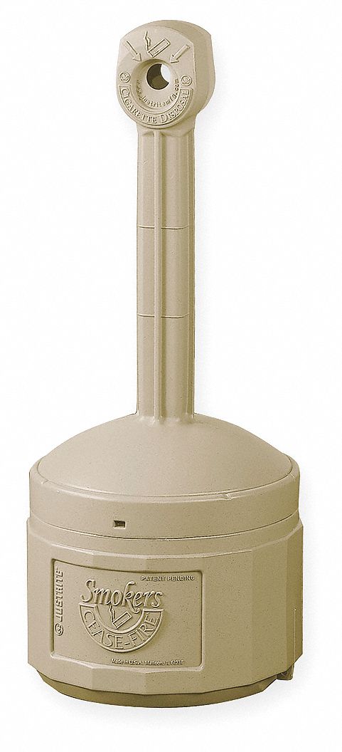 Justrite 4 gal Cigarette Receptacle, 38 1/2 in Height, 16 1/2 in Base Dia., Plastic, Tan - 26800B