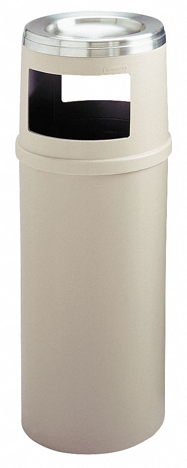Rubbermaid 15 gal Round Ashtray/Trash Can, Plastic, Tan - FG818588BEIG