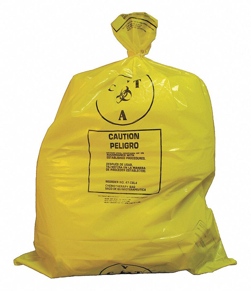 Top Brand Chemo Waste Bags, 25 gal., Polyethylene, Yellow, Caution, PK 100 - 3UAD7