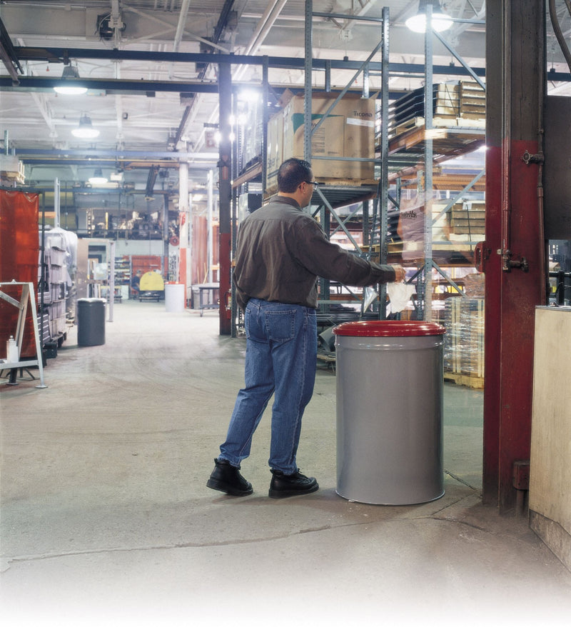 Justrite 55 gal Round Fire-Resistant Trash Can, Metal, Red/Gray - 26455