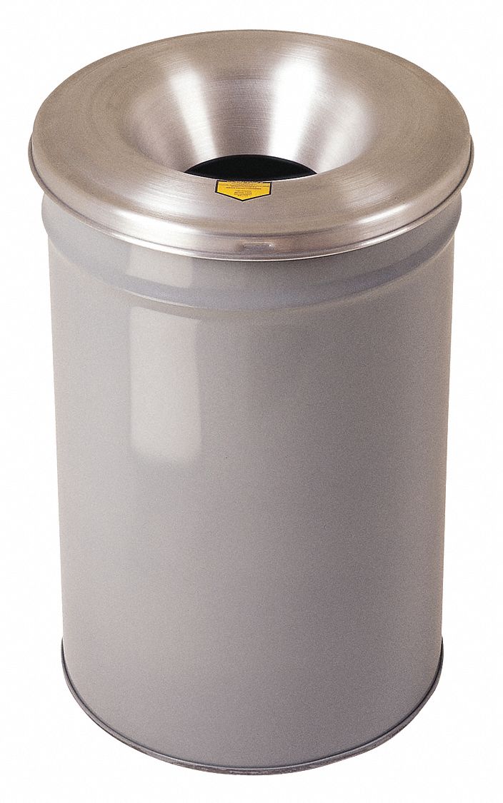 Justrite 12 gal Round Fire-Resistant Trash Can, Metal, Gray - 26612G WITH TOP