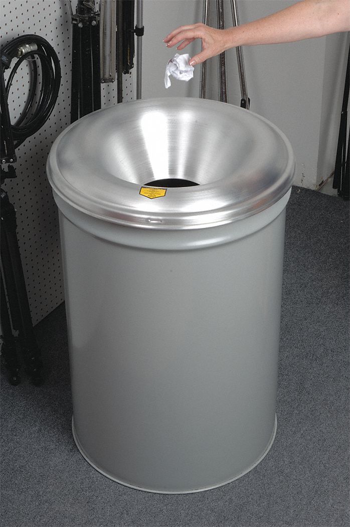 Justrite 55 gal Round Fire-Resistant Trash Can, Metal, Gray - 26655G