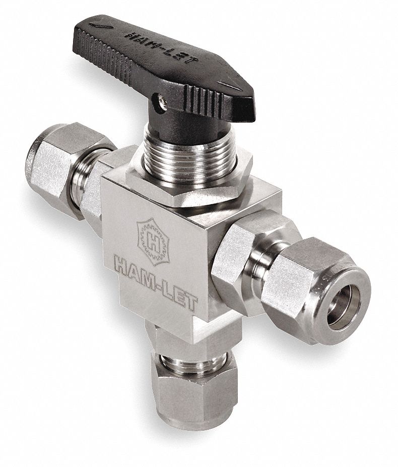 Ham-Let Mini Ball Valve, 316 Stainless Steel, 3-Way, 1-Piece, Tube Size 1/8 in - H-6800-SS-L-1/8-RCST