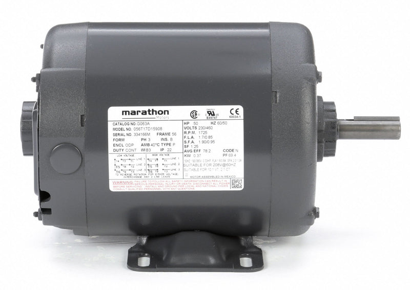 Marathon Motors 1/2 HP, General Purpose Motor, 3-Phase, 1725 Nameplate RPM, 230/460 Voltage, 56 Frame - 056T17D15908